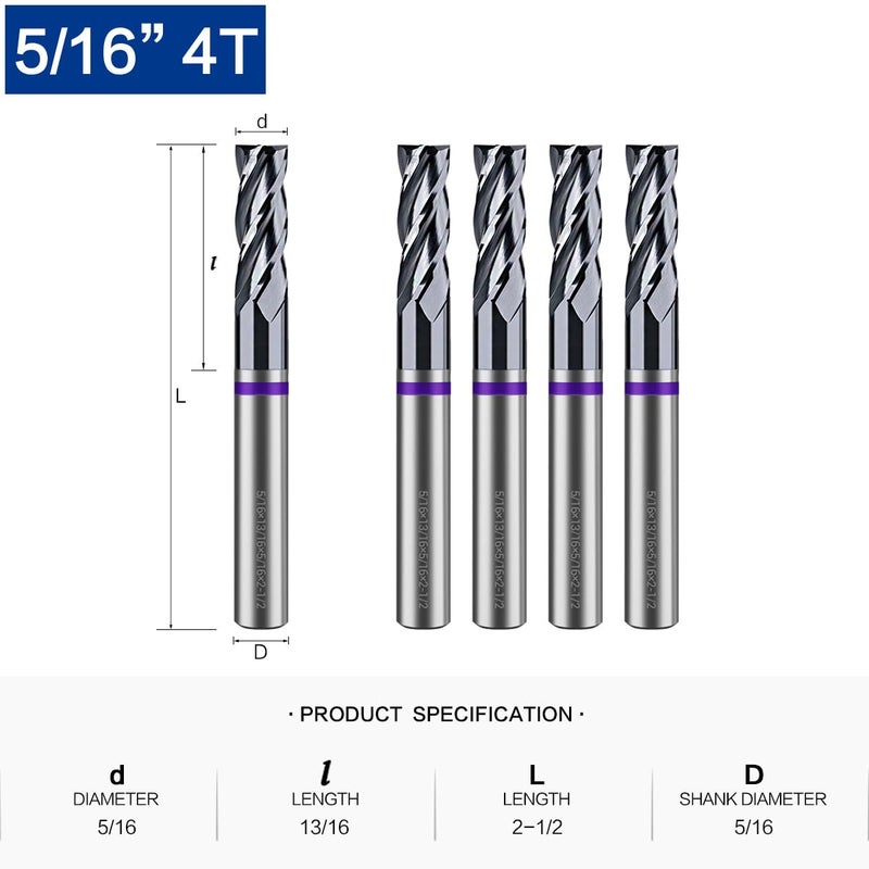 VIERDWIN Carbide Square End Mill - 4 Flute - for Milling Alloy Steels, Hardened Steel, Metal & More – Mill Bits Sets for DIYers & Professionals (5/16" 4T)-5pack - Image 2